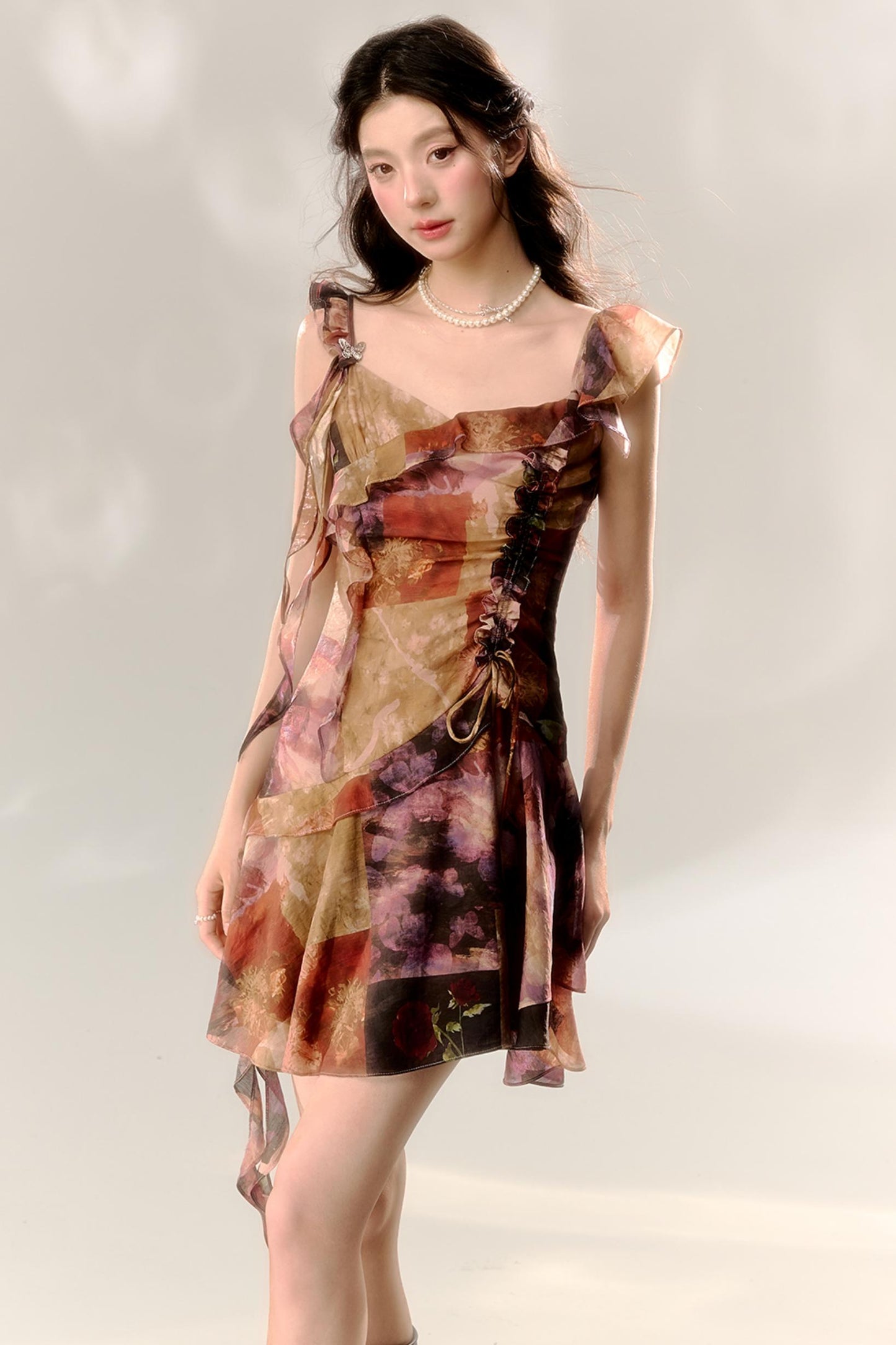 Butterfly Sleeve Floral Tie-Dye Dress