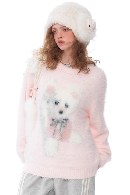 Plush Dog Print Pink Knit Top