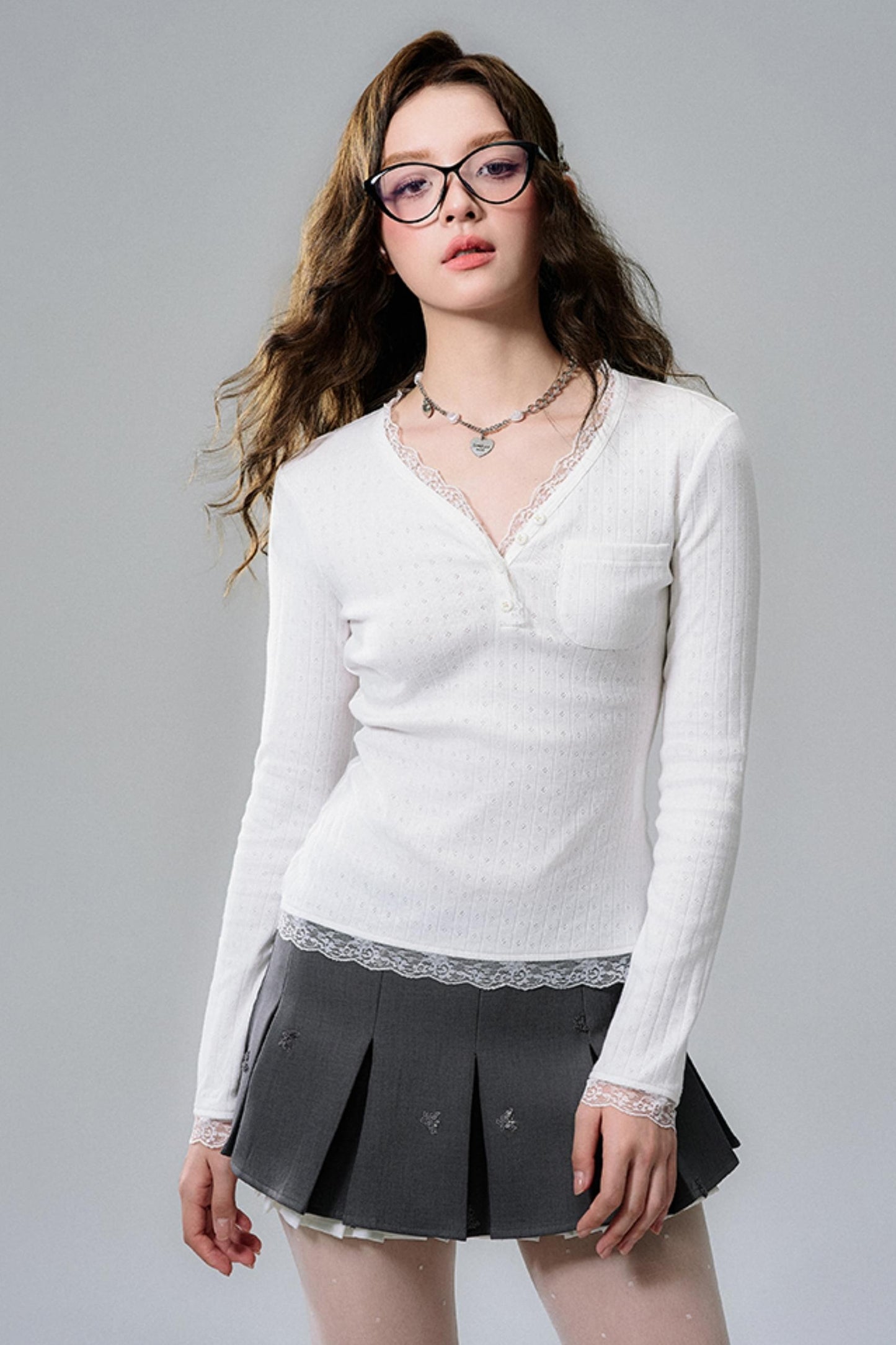 Lace-Trimmed V-Neck Henley Top