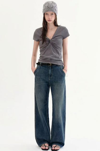 Jeans retrò a vita alta slavati a gamba larga