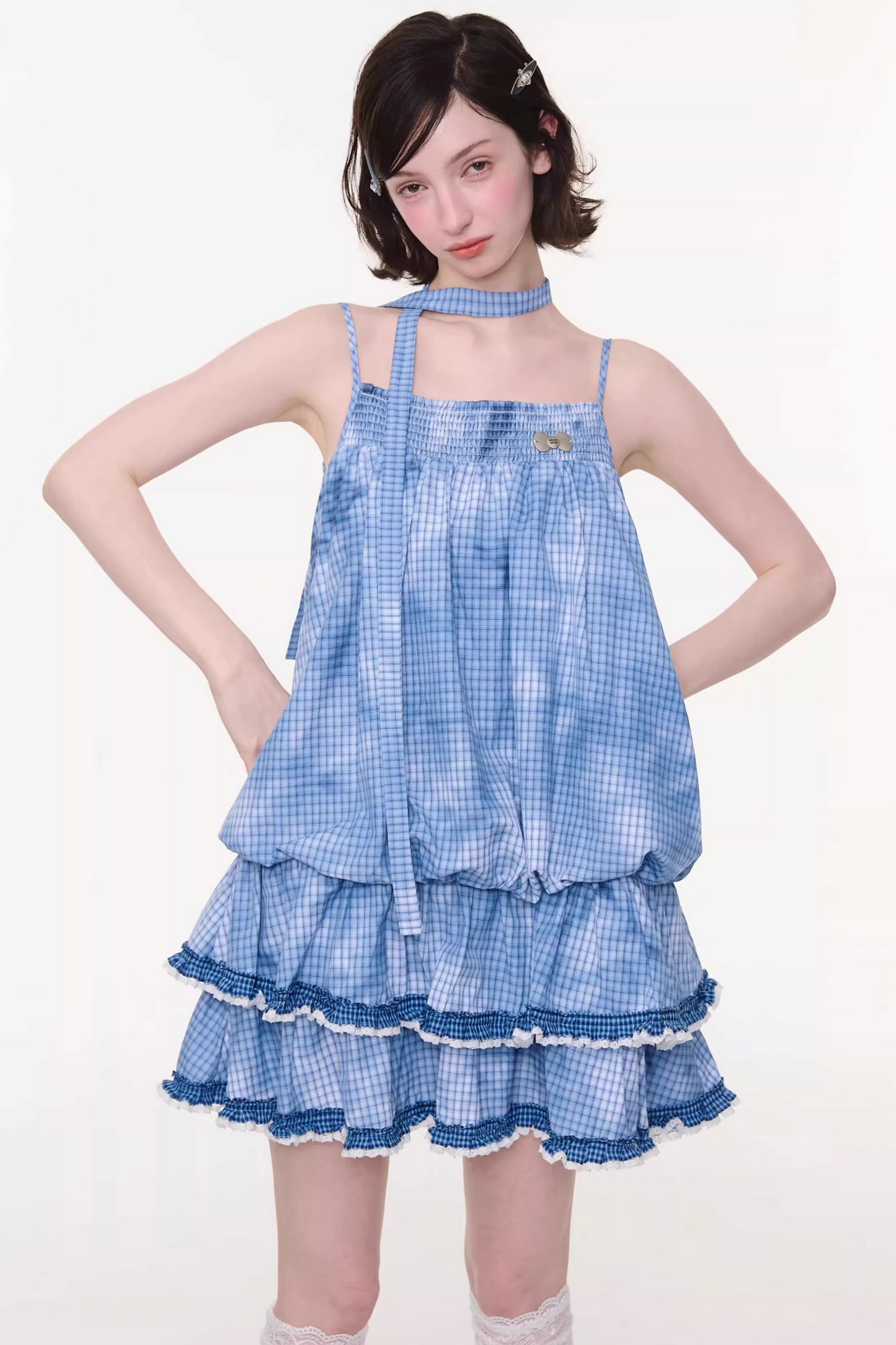 Summer Blue Plaid Lace Dress