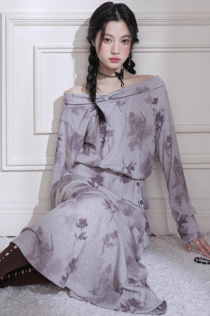 Cloud Gray Purple Bow Neck Knit Skirt Set