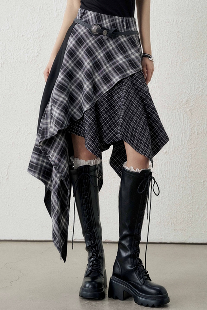 Irregular Hem Plaid Skirt Set