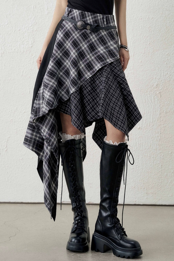 Irregular Hem Plaid Skirt Set