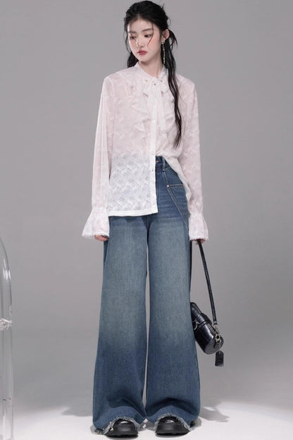 White Cloud Gauze Ruffled Shirt Set