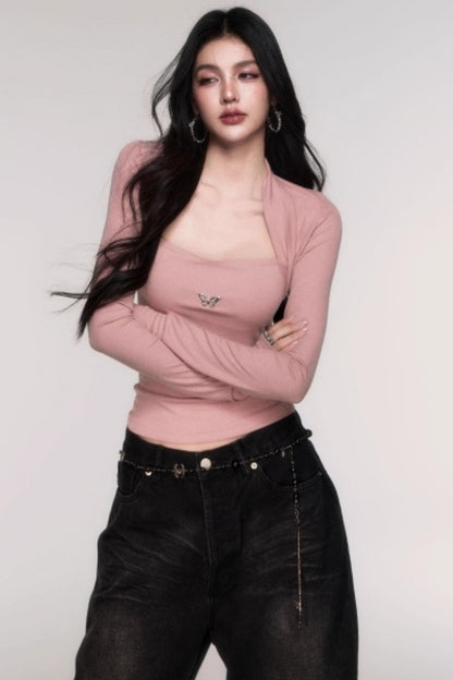 Slimming Fake Two Sleeve Knit Top