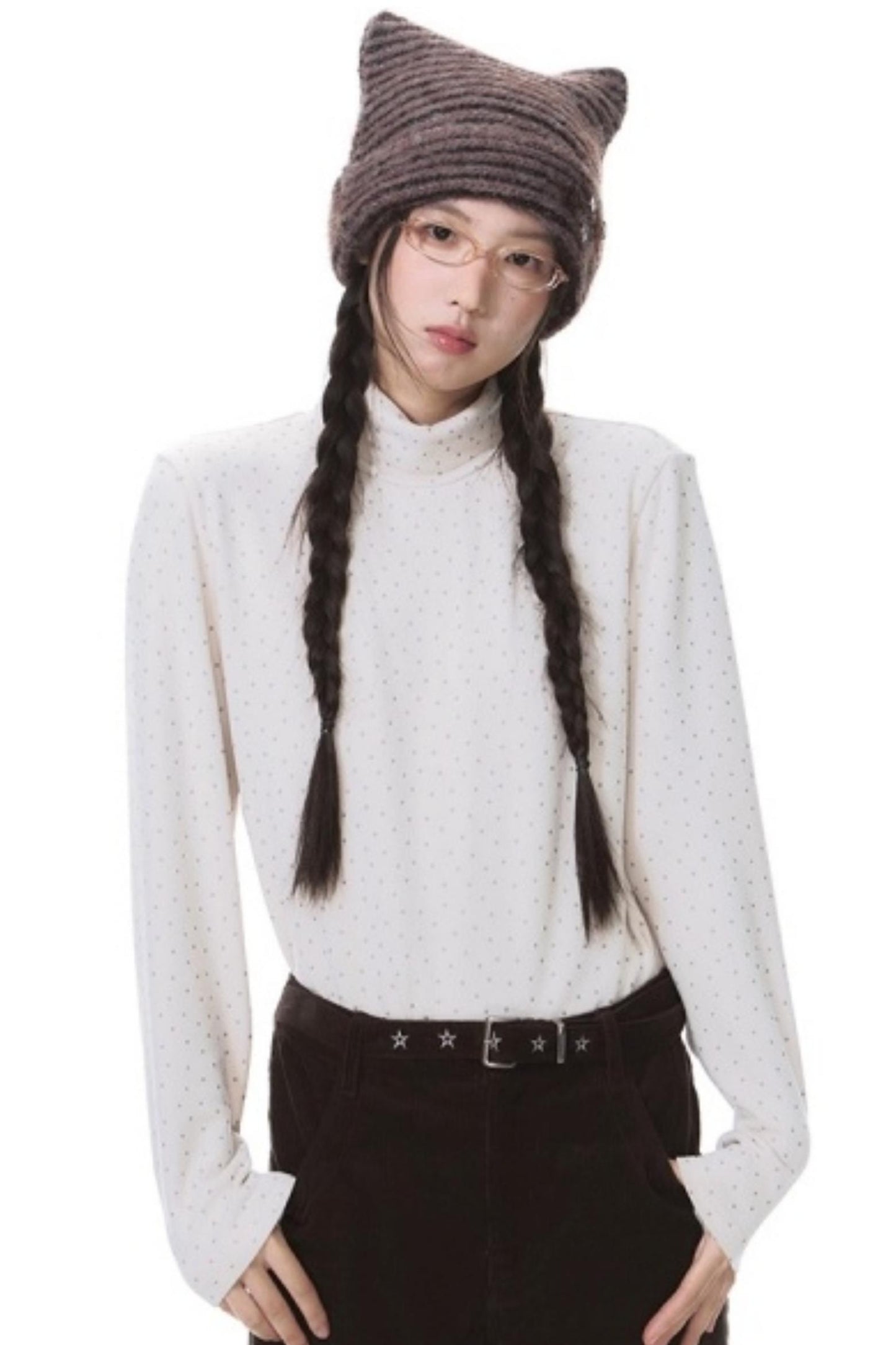 Star Brushed Turtleneck Long-Sleeved Top