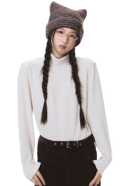 Star Brushed Turtleneck Long-Sleeved Top