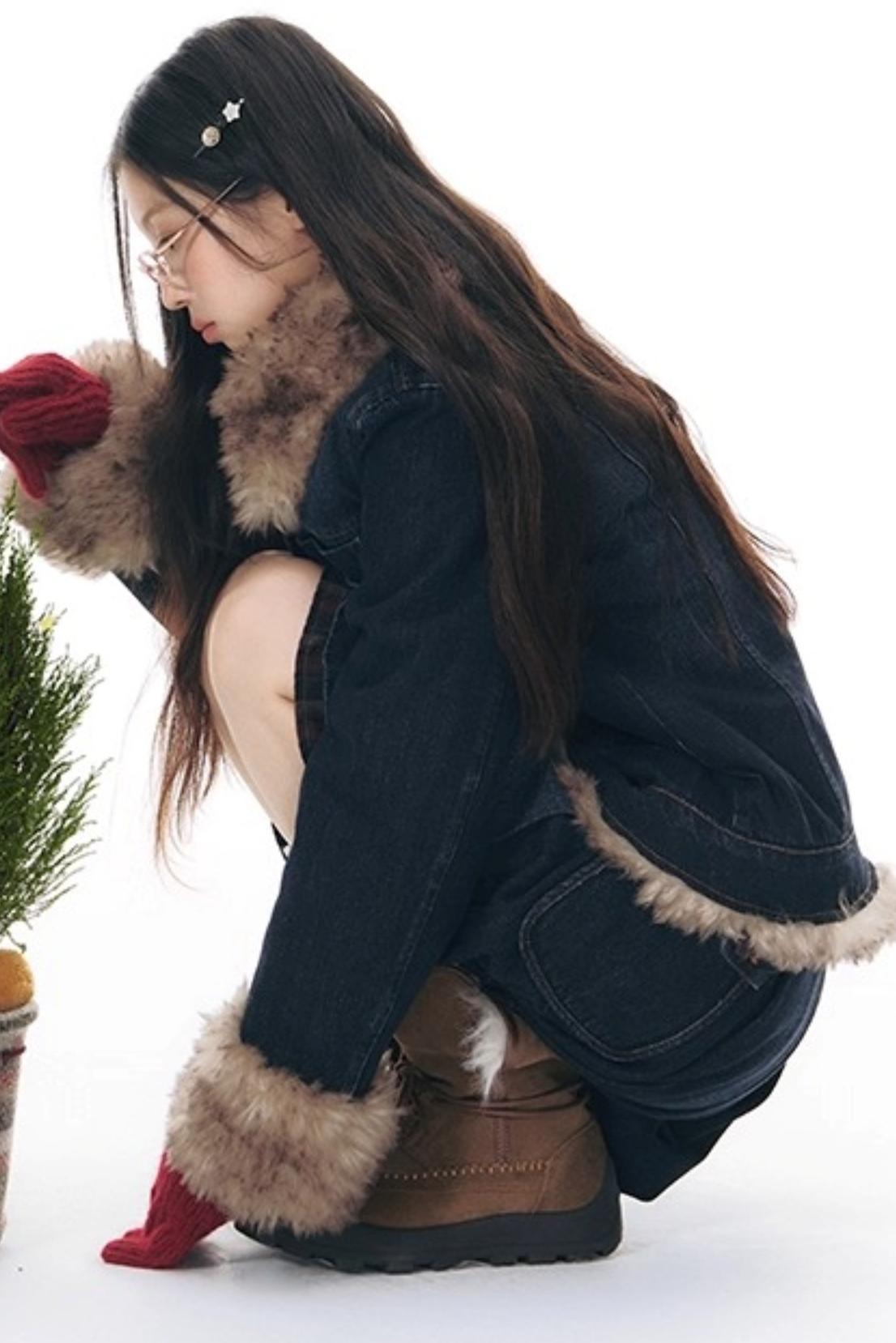Detachable Fur Collar Denim Jacket Set-Up
