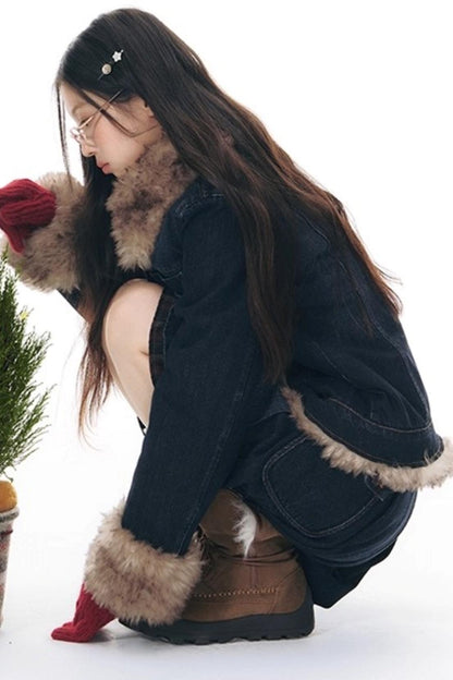 Detachable Fur Collar Denim Jacket Set-Up