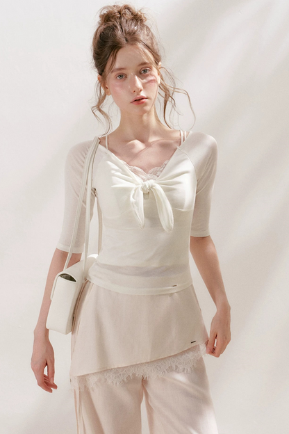 French Wave Lace Bow Blouse