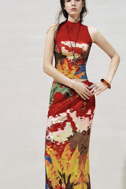 Artistic Contrast Vest Skirt Set