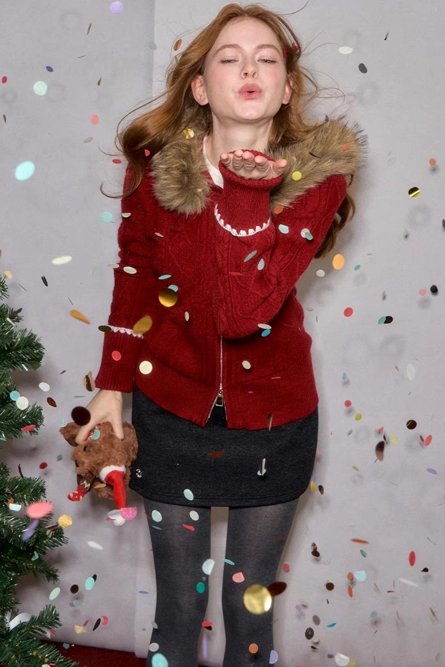 Red Hooded Knit Jacket Set-Up