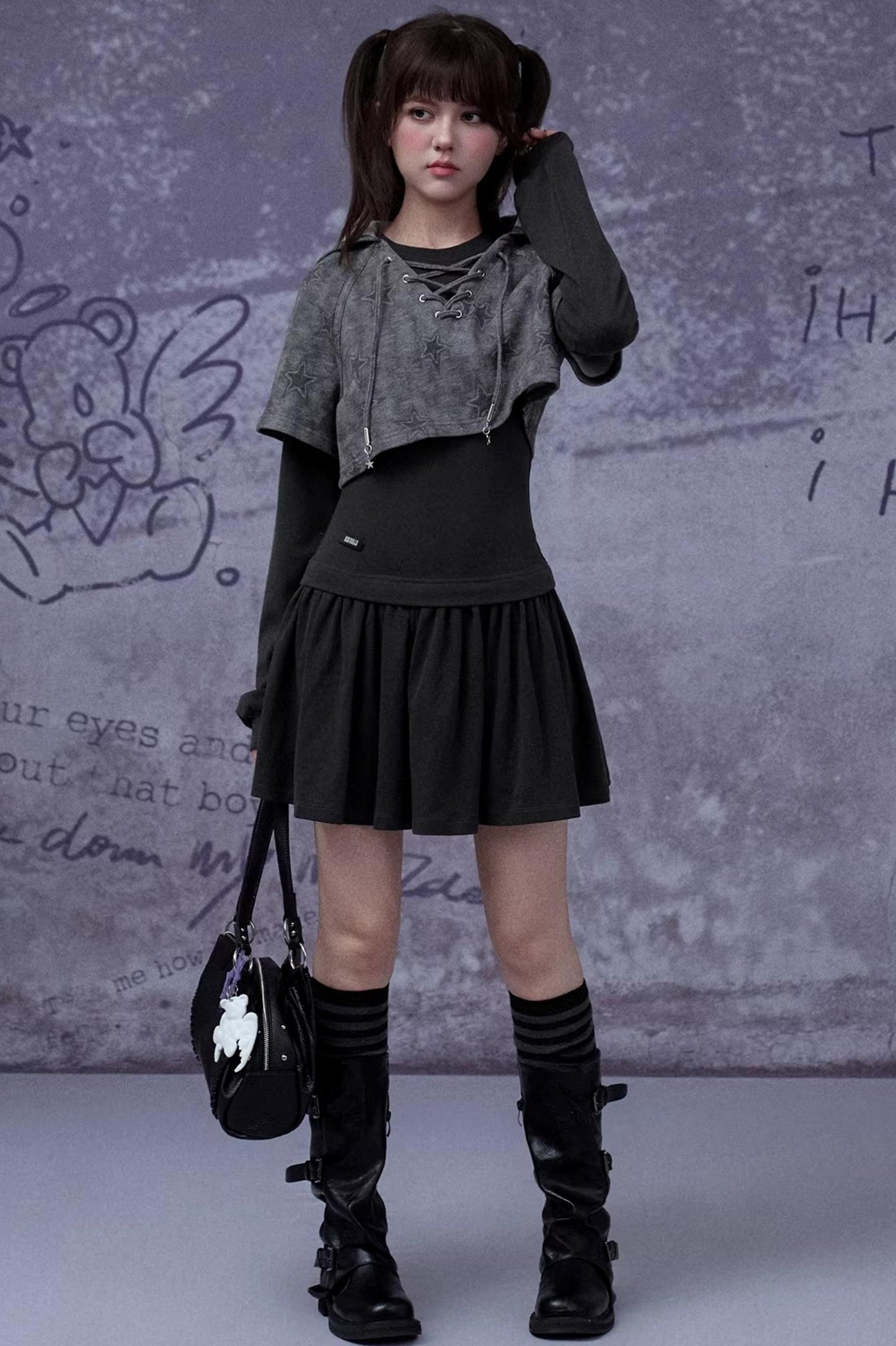 Gray Star Cat Ear Dress Set