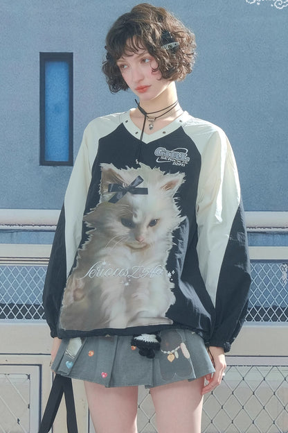 American Cat Print V-Neck Top