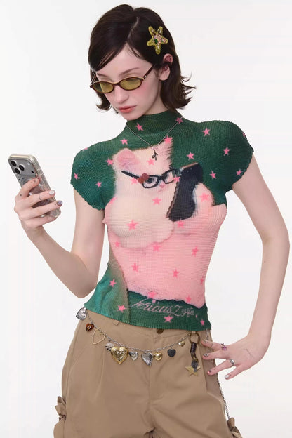 Sweet Pleated Cat Print T-Shirt