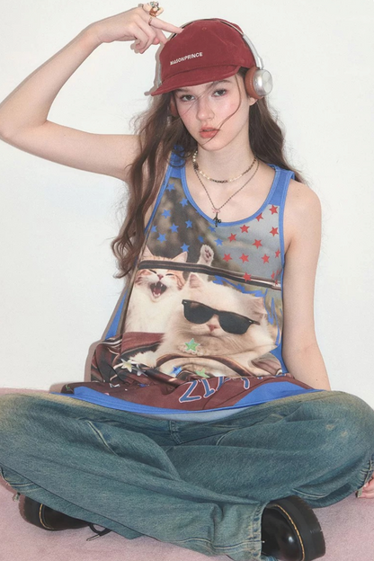 Robe sans manches streetwear rétro américaine à imprimé chat