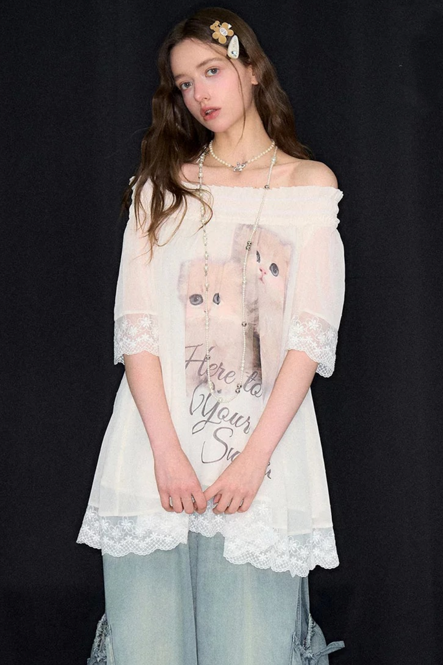 Cat Print Off-Shoulder Lace Trim Top