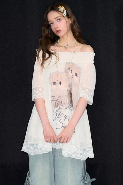 Cat Print Off-Shoulder Lace Trim Top