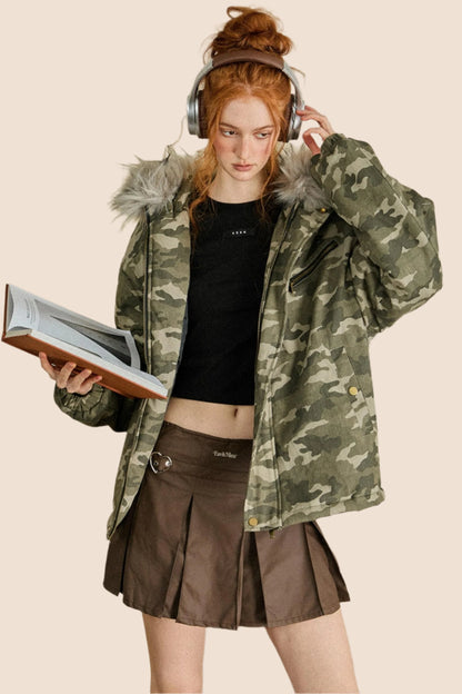 EZEK AMERICAN RETRO CAMOUFLAGE BIG FUR COLLAR HOODED COTTON JACKET COTTON CLOTHES WOMEN'S WINTER NEW LOOSE COTTON JACKET JACKET TIDE