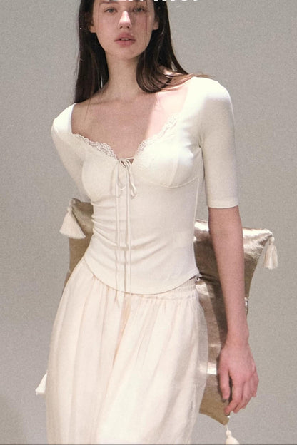 Taste of Cardamom Lace Knit V-Neck Top