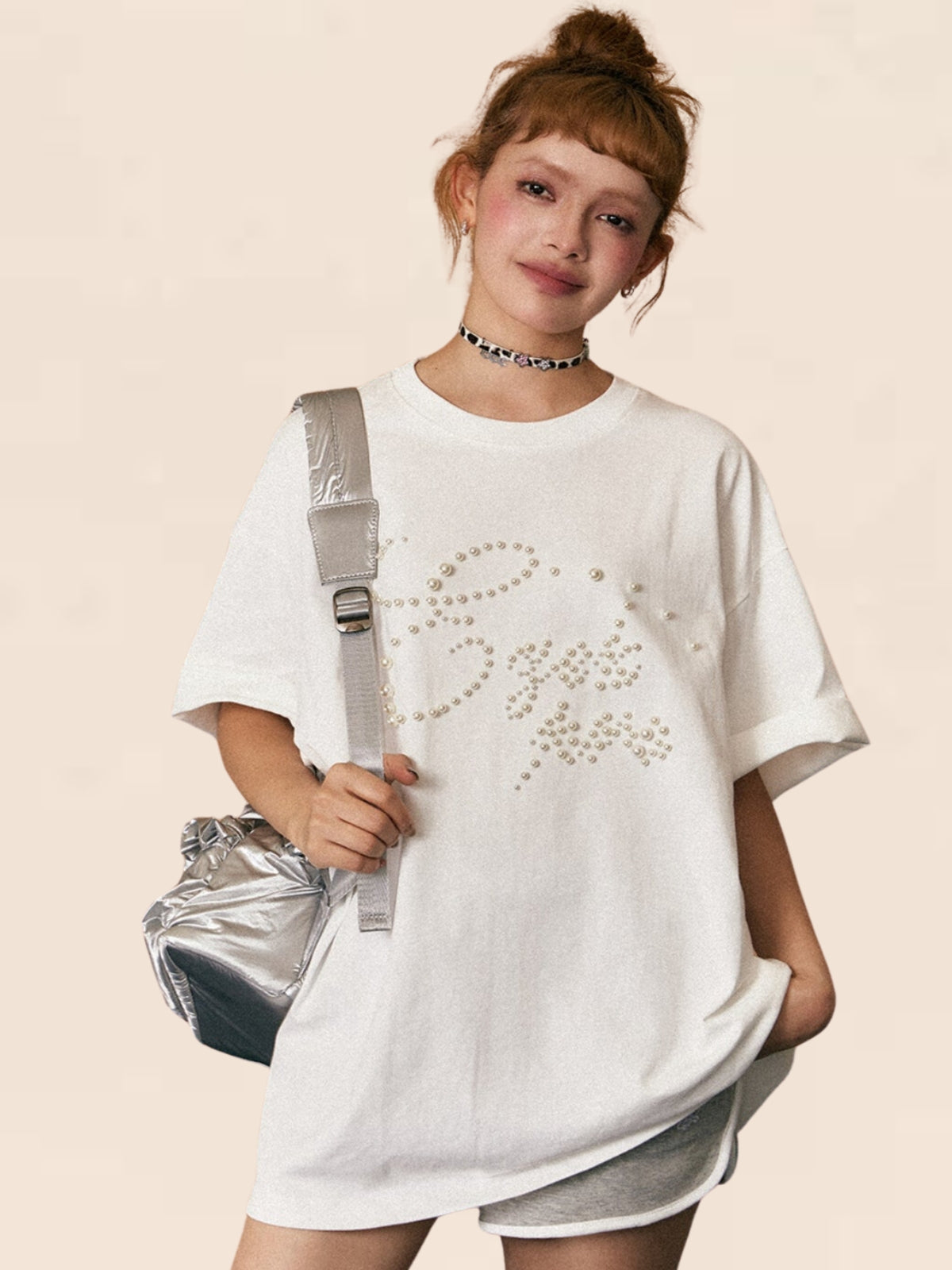 Beaded Pearl Loose Mid-Length T-shirt