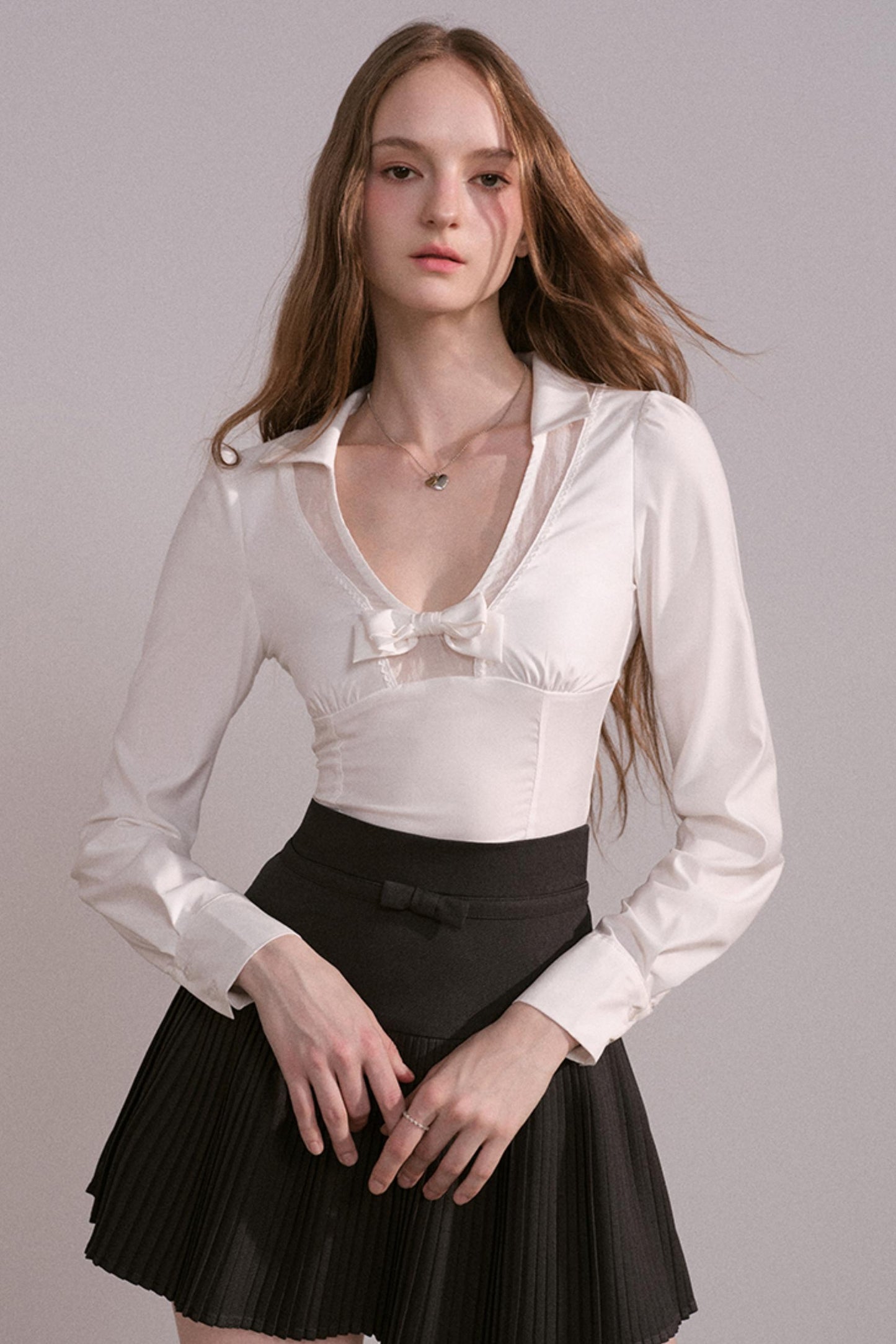 Bow V-Neck Long Sleeve Shirt Set-Up