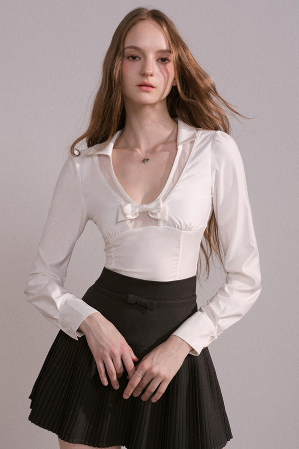 Bow V-Neck Long Sleeve Shirt Set-Up