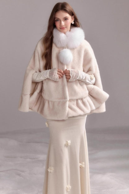 Furry Collar Cape Shawl Outer