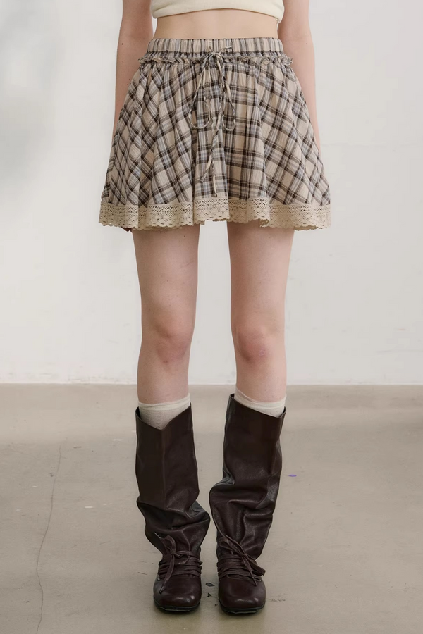 Plaid Lace Pleated Skirt