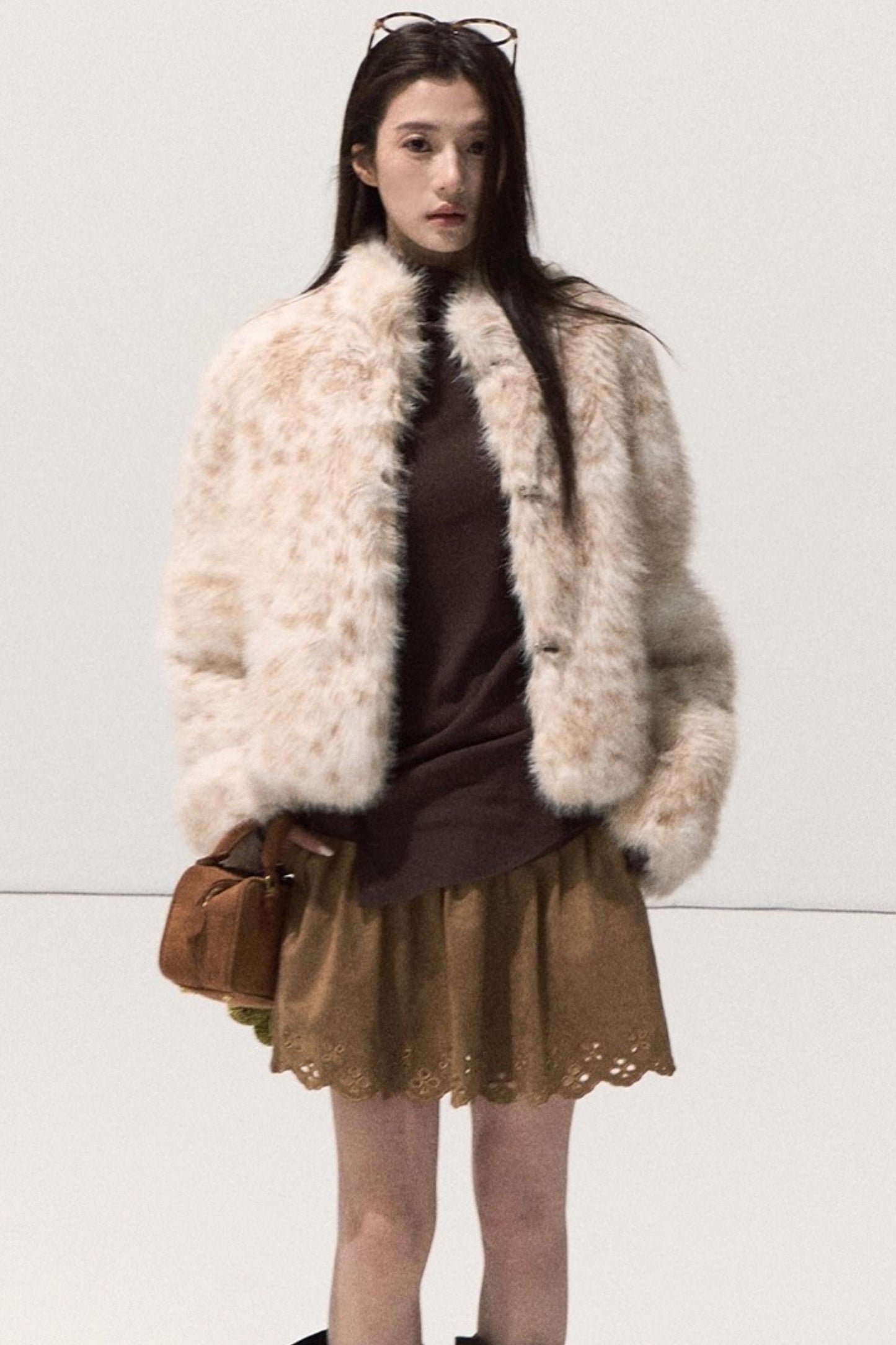 Girlish Leopard Print Fur Coat Set-Up