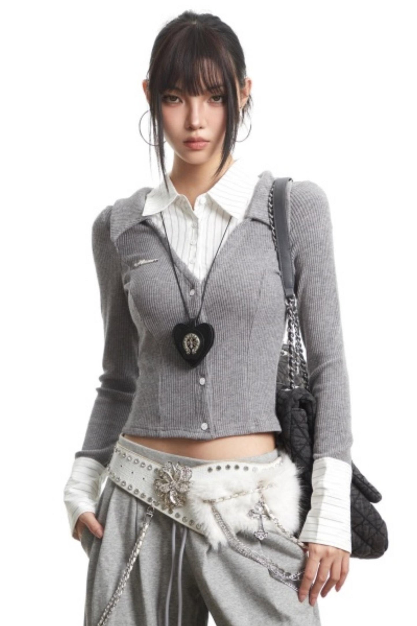 Retro Gray Fake Two-Piece Top