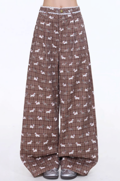 Retro Dog Print Denim Pants