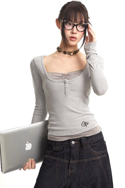 Slim Fit Fake Two-Piece Long Top