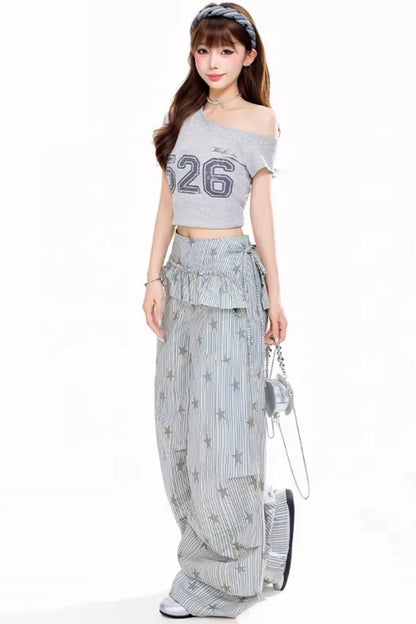 스트라이프 별 와이드 레그 팬츠