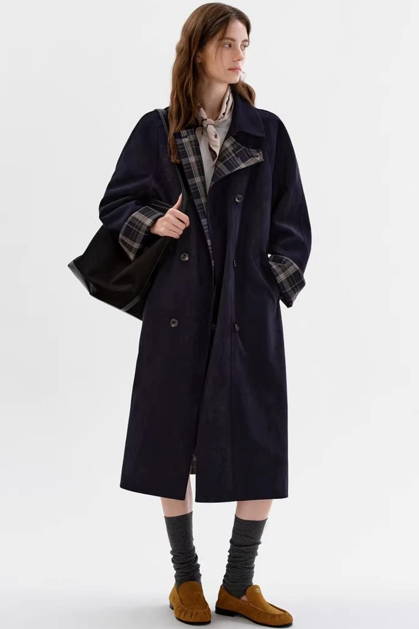 Contrasting Plaid Suede Coat