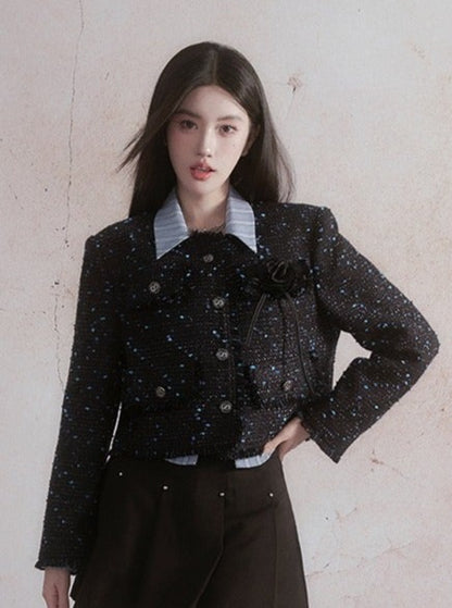Woolen Small Gold Tweed Jacket With Blue Skirt Set