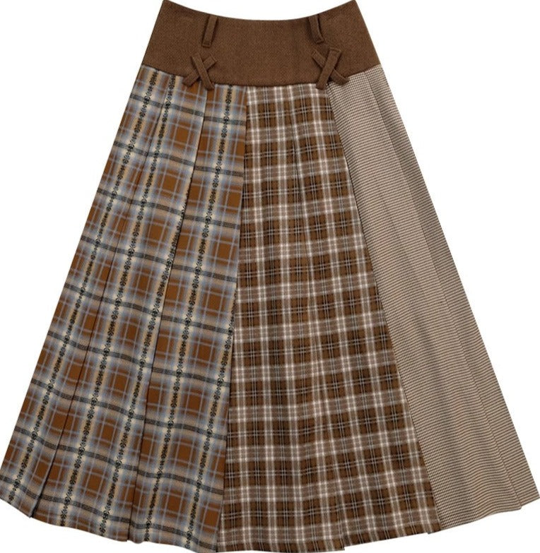 Paneled plaid midi thick tweed pleated skirt