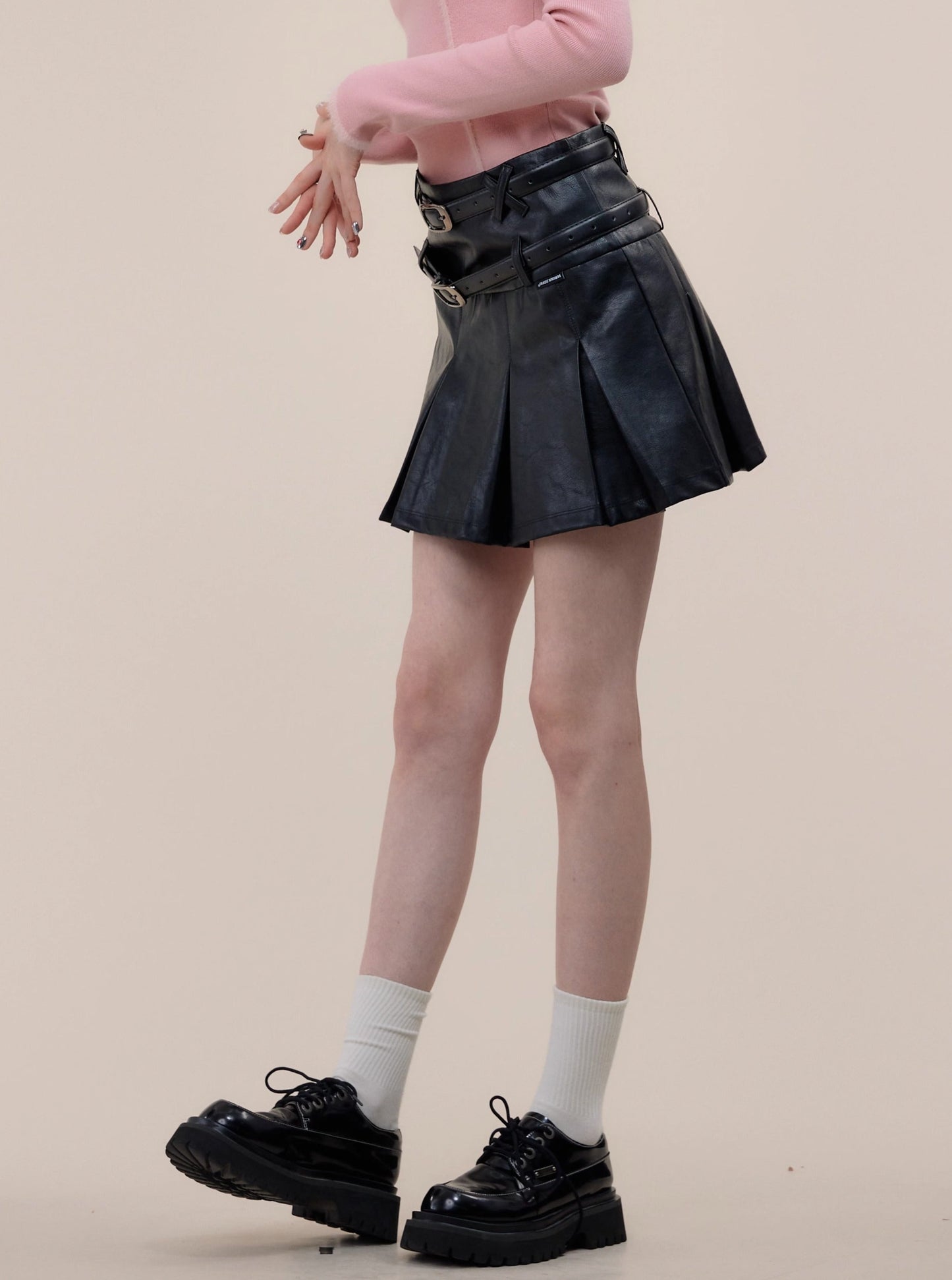 American pleated A-line PU leather skirt