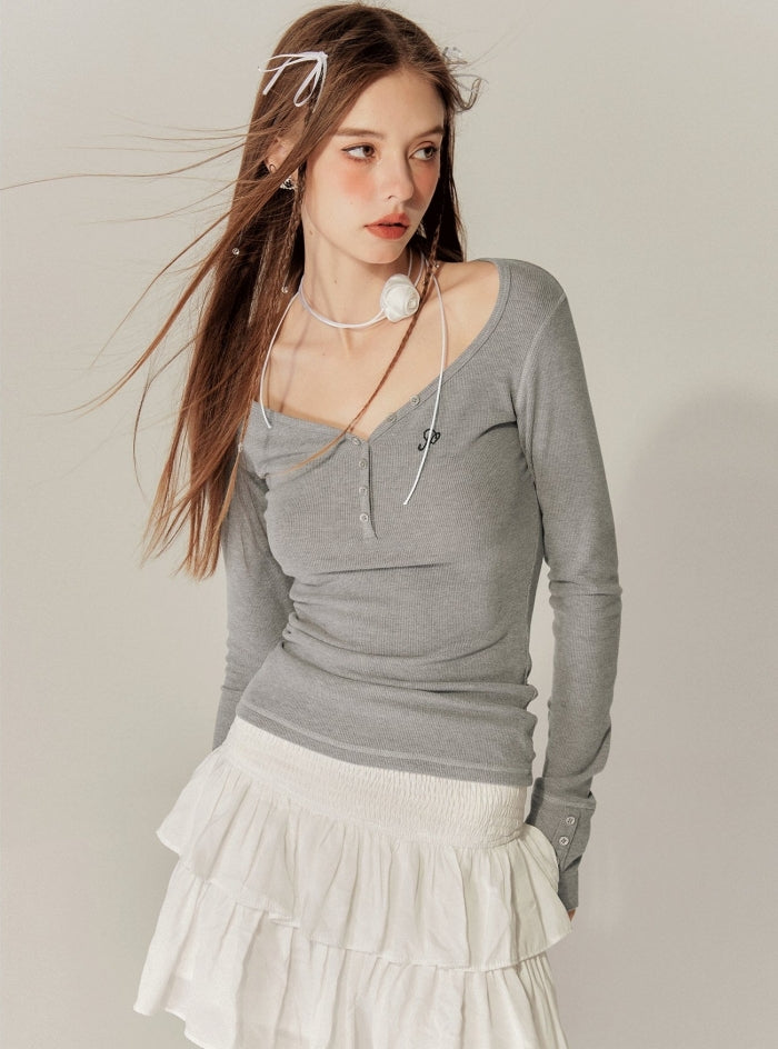 Heart Collar Long Sleeves Base T-Shirt