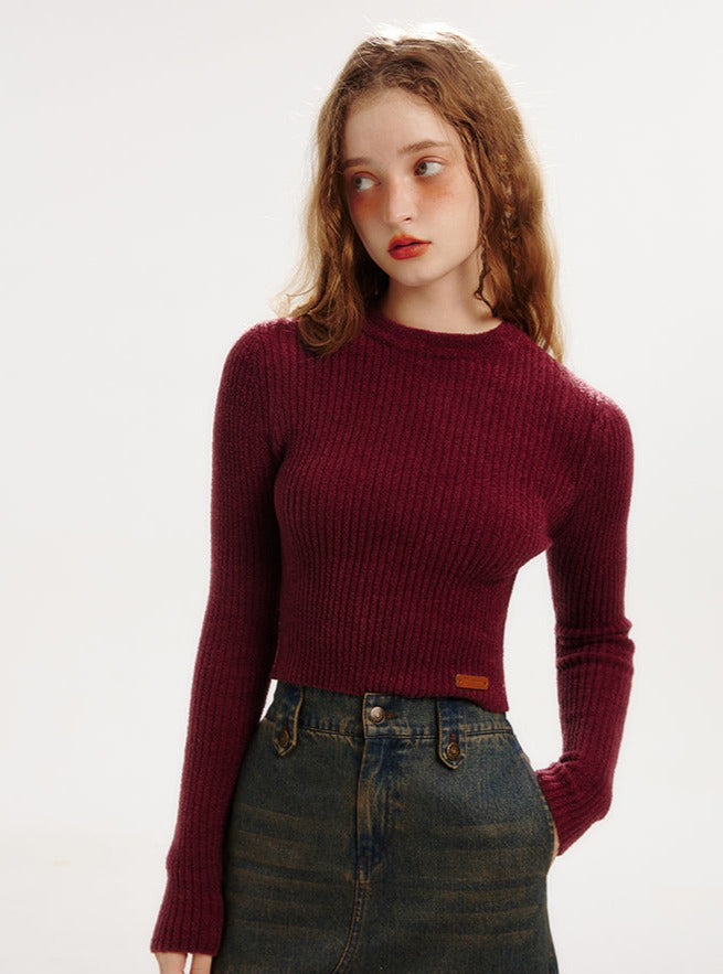 Vintage Half-Height Crewneck  Slim Fit Knitted Crop Top