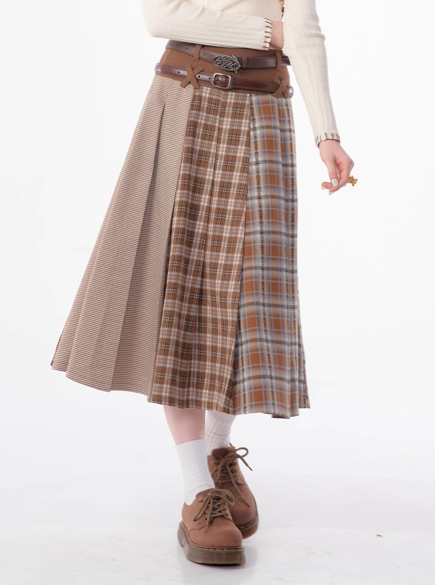 Paneled plaid midi thick tweed pleated skirt