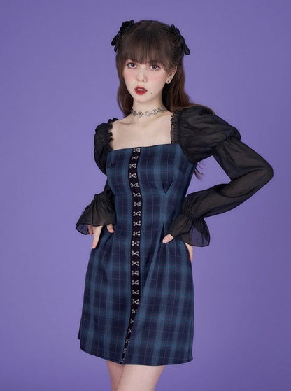 dark blue French long-sleeved dress