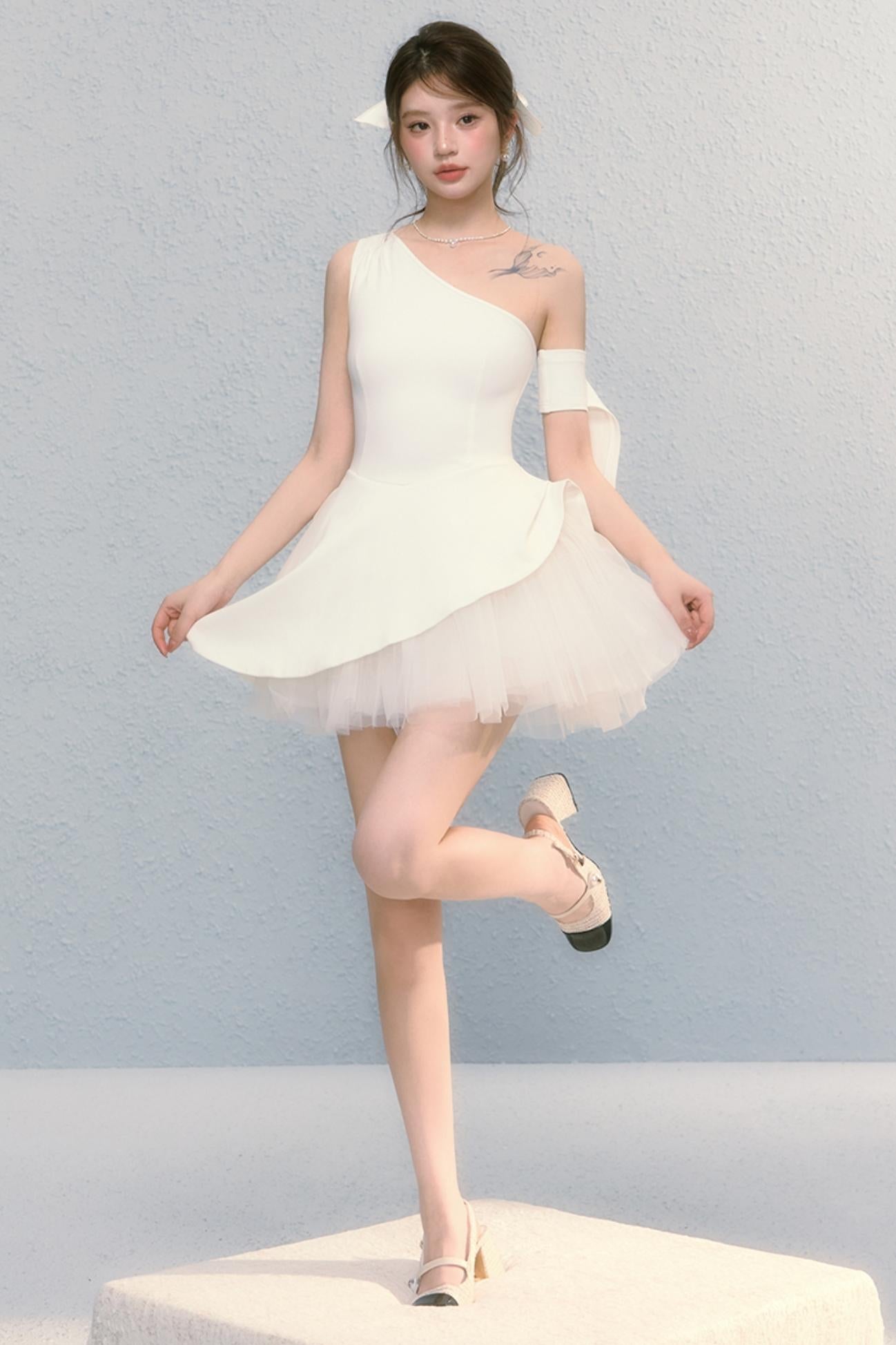 Pure White Ballet Mesh French Puffy Dress