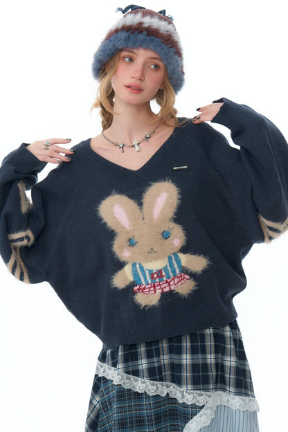 Plush Rabbit V-Neck Christmas Sweater