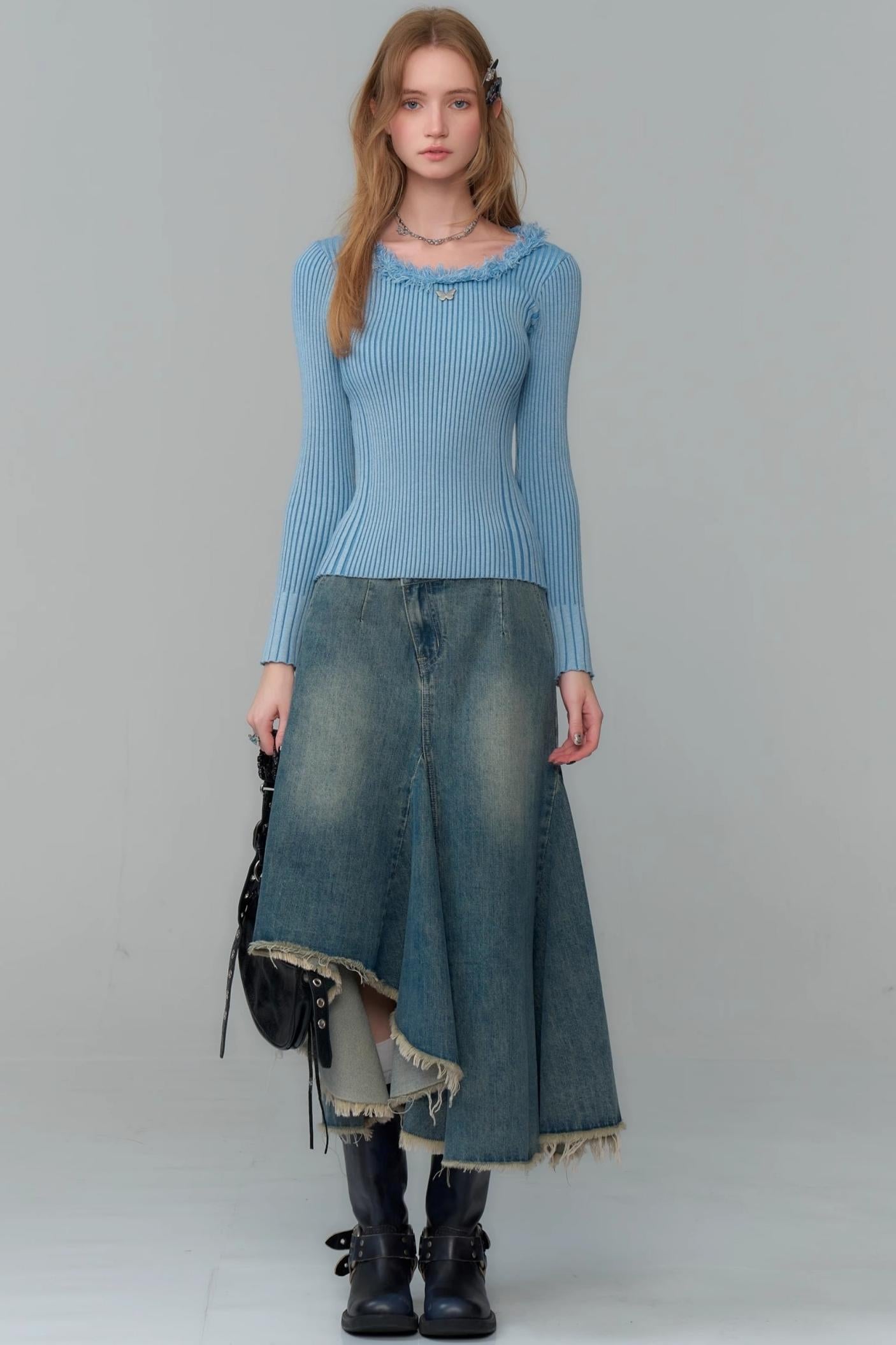 Irregular Design Blue Denim Skirt