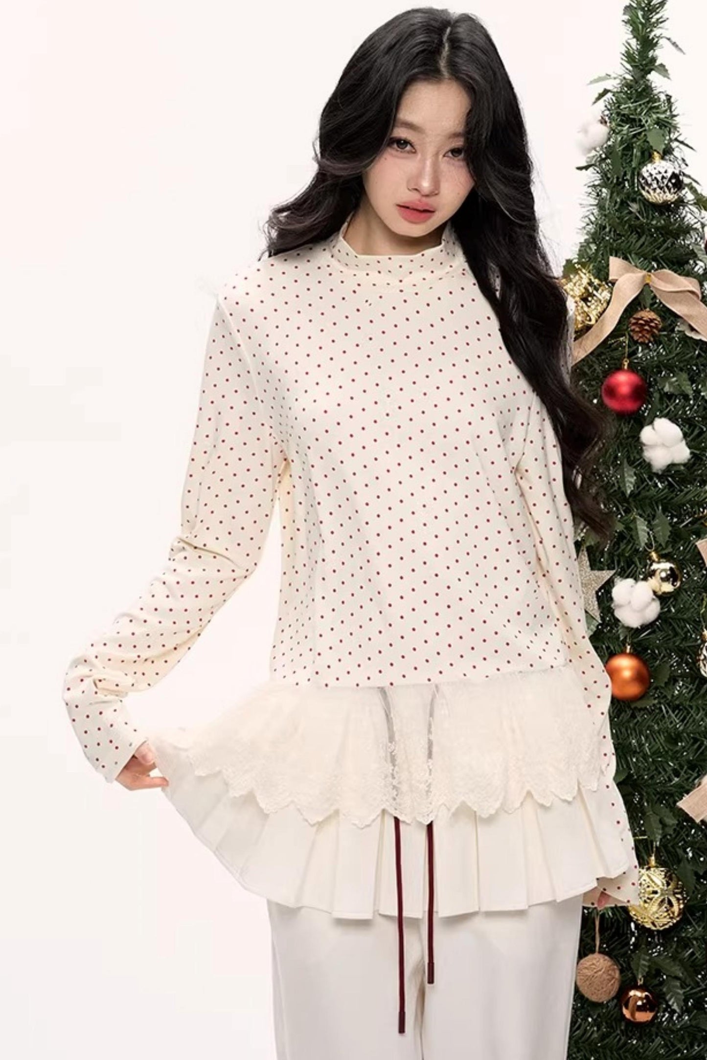 Polka Dot Lace Turtleneck Top