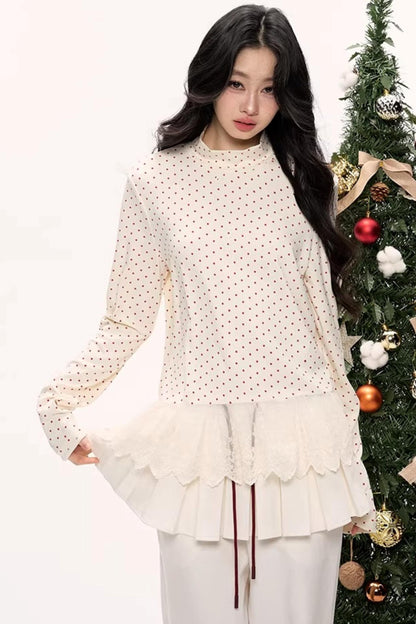 Polka Dot Lace Turtleneck Top