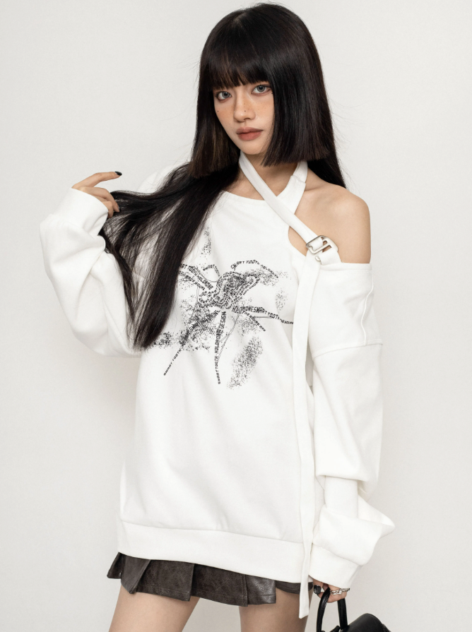 One-Shoulder Spider Print Loose Sweatshirt