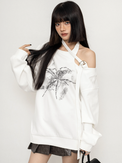 One-Shoulder Spider Print Loose Sweatshirt